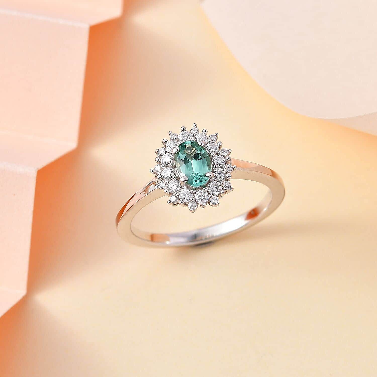 Premium Pirineu Lagoon Tourmaline, Moissanite Ring in Rhodium Over Sterling Silver (Size 10.0) 0.80 ctw