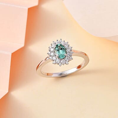 Premium Pirineu Lagoon Tourmaline, Moissanite Ring in Rhodium Over Sterling Silver (Size 10.0) 0.80 ctw