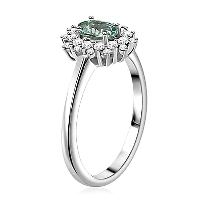 Premium Pirineu Lagoon Tourmaline, Moissanite Ring in Rhodium Over Sterling Silver (Size 10.0) 0.80 ctw