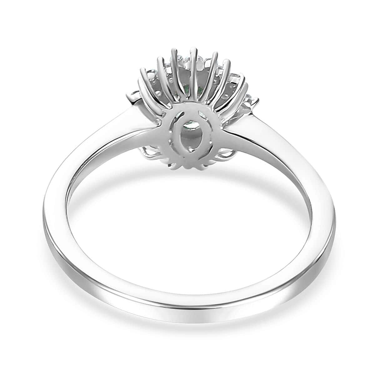 Premium Pirineu Lagoon Tourmaline, Moissanite Ring in Rhodium Over Sterling Silver (Size 10.0) 0.80 ctw