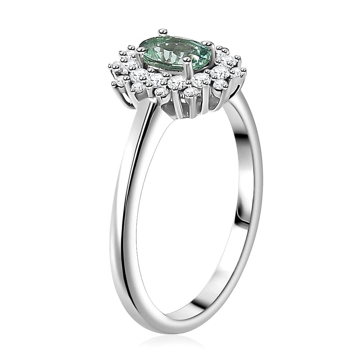 Premium Pirineu Lagoon Tourmaline, Moissanite Ring in Rhodium Over Sterling Silver (Size 6.0) 0.80 ctw image number 3