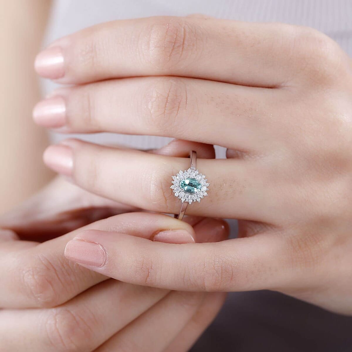 Premium Pirineu Lagoon Tourmaline and Moissanite Sunburst Ring in Rhodium Over Sterling Silver (Size 7.0) 0.80 ctw image number 2