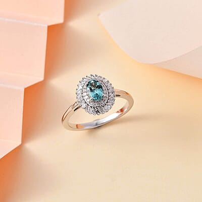 Premium Pirineu Lagoon Tourmaline and Diamond 0.80 ctw Floral Ring in Rhodium Over Sterling Silver (Size 10.0)