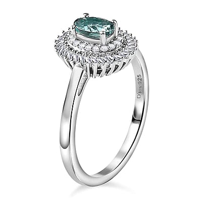 Premium Pirineu Lagoon Tourmaline and Diamond 0.80 ctw Floral Ring in Rhodium Over Sterling Silver (Size 10.0)