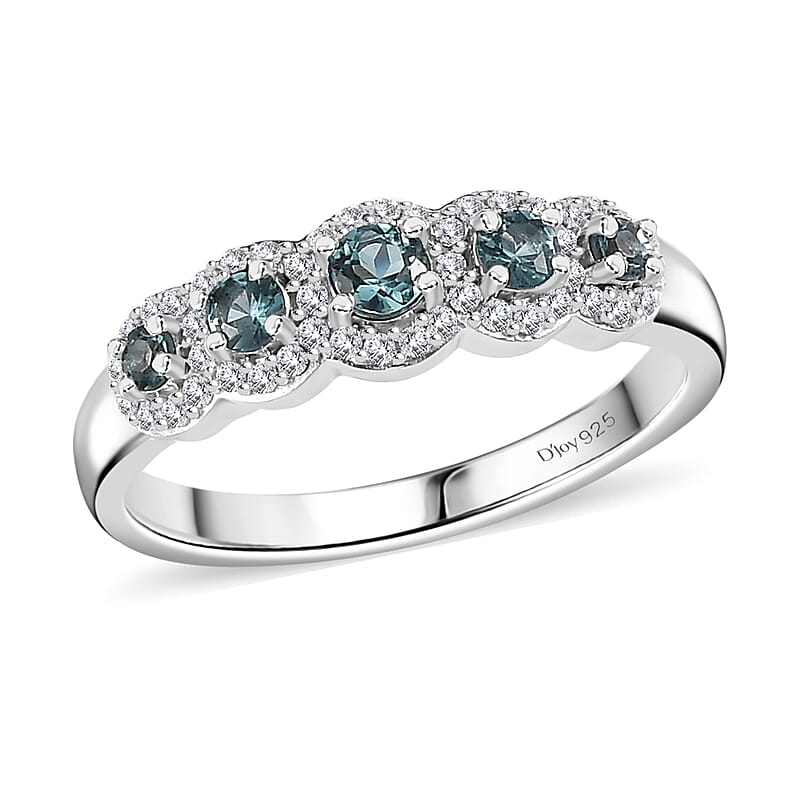 D'Joy Premium Pirineu Lagoon Tourmaline and Moissanite Ring in Rhodium Over Sterling Silver (Size 10.0) 0.60 ctw