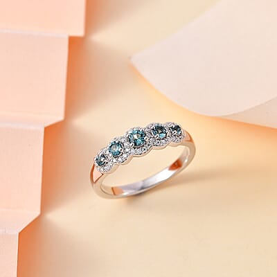 D'Joy Premium Pirineu Lagoon Tourmaline and Moissanite Ring in Rhodium Over Sterling Silver (Size 10.0) 0.60 ctw