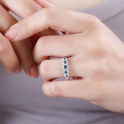 D'Joy Premium Pirineu Lagoon Tourmaline and Moissanite Ring in Rhodium Over Sterling Silver (Size 10.0) 0.60 ctw