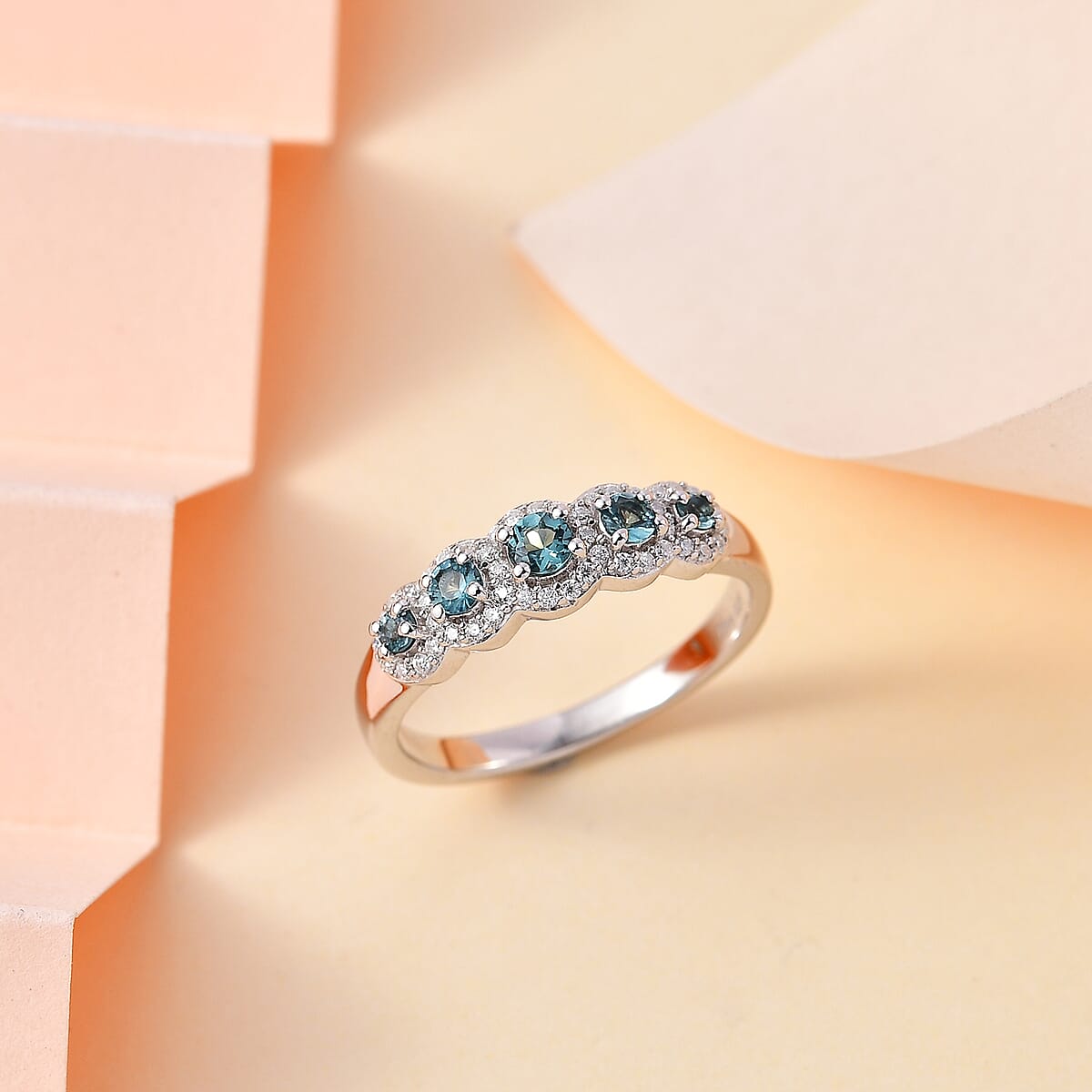 Premium Pirineu Lagoon Tourmaline and Moissanite Ring in Rhodium Over Sterling Silver (Size 9.0) 0.60 ctw image number 1