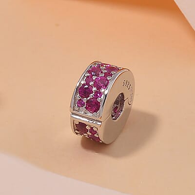 Simulated Ruby Color Diamond Charm in Rhodium Over Sterling Silver
