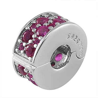 Simulated Ruby Color Diamond Charm in Rhodium Over Sterling Silver