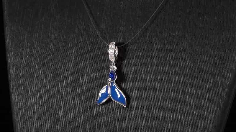 Simulated Blue and White Diamond Enameled Drop Shaped Charm in Rhodium Over Sterling Silver