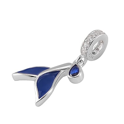 Simulated Blue and White Diamond Enameled Drop Shaped Charm in Rhodium Over Sterling Silver