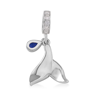 Simulated Blue and White Diamond Enameled Drop Shaped Charm in Rhodium Over Sterling Silver