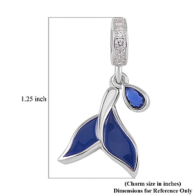 Simulated Blue and White Diamond Enameled Drop Shaped Charm in Rhodium Over Sterling Silver