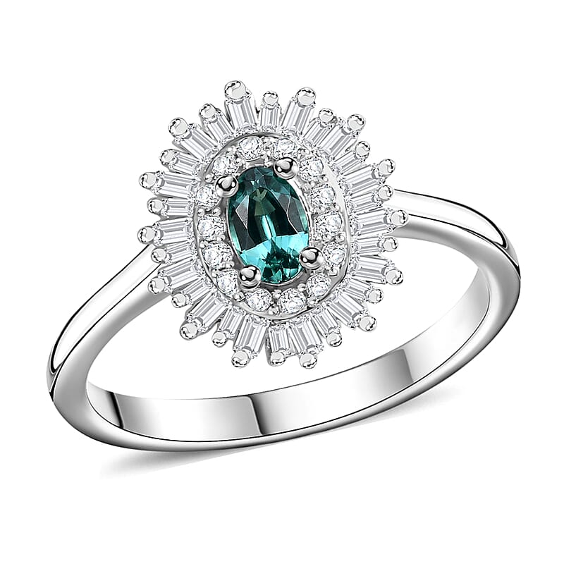 Premium Pirineu Lagoon Tourmaline and Diamond Sunrays Ring in Rhodium Over Sterling Silver (Size 10.0) 0.55 ctw