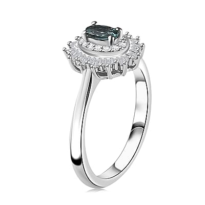 Premium Pirineu Lagoon Tourmaline and Diamond Sunrays Ring in Rhodium Over Sterling Silver (Size 10.0) 0.55 ctw