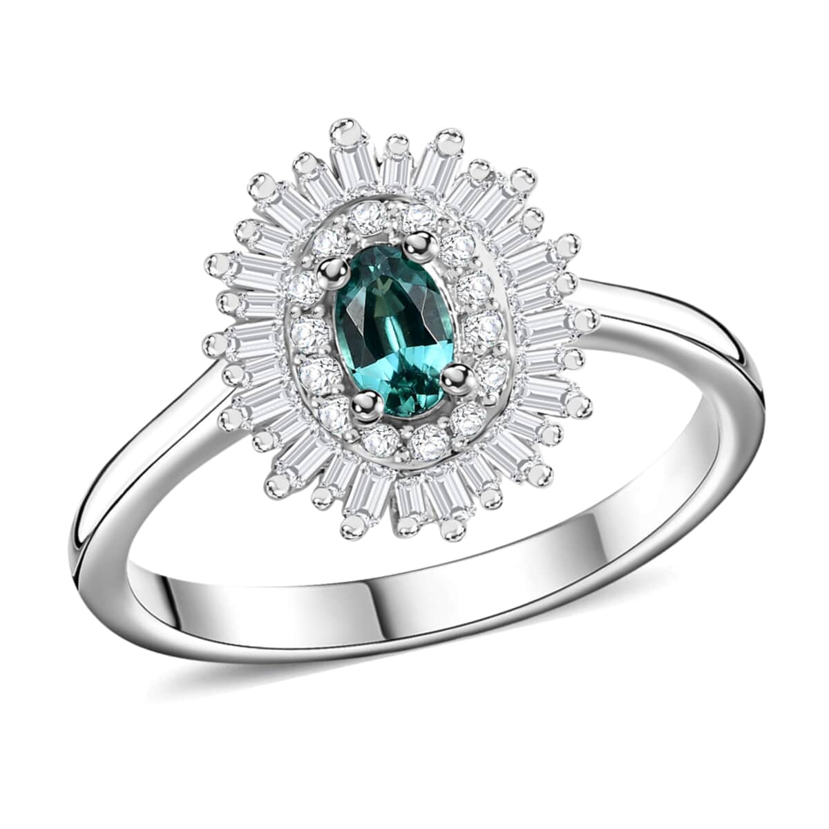 Premium Pirineu Lagoon Tourmaline, Diamond (0.31 cts) Sunrays Ring in Rhodium Over Sterling Silver (Size 6.0) 0.55 ctw image number 0