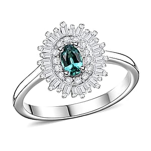 Premium Pirineu Lagoon Tourmaline and Diamond Sunrays Ring in Rhodium Over Sterling Silver (Size 7.0) 0.55 ctw