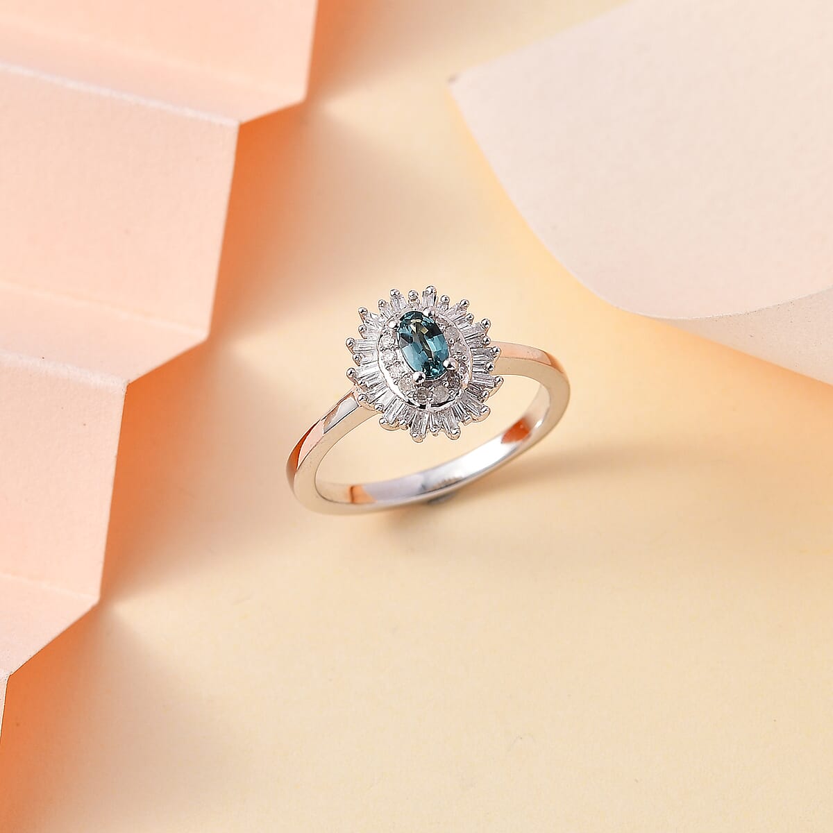 Premium Pirineu Lagoon Tourmaline and Diamond Sunrays Ring in Rhodium Over Sterling Silver (Size 7.0) 0.55 ctw image number 1