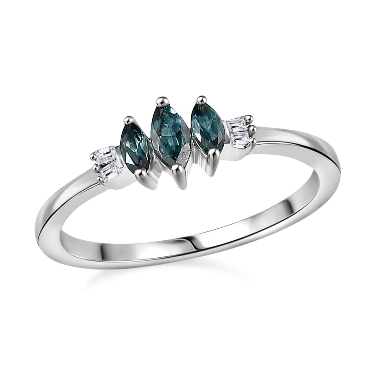 Premium Pirineu Lagoon Tourmaline, Diamond 3 Stone Ring in Rhodium Over Sterling Silver (Size 10.0) 0.30 ctw image number 0