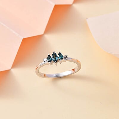 Premium Pirineu Lagoon Tourmaline and Diamond 3 Stone Ring in Rhodium Over Sterling Silver (Size 10.0) 0.30 ctw