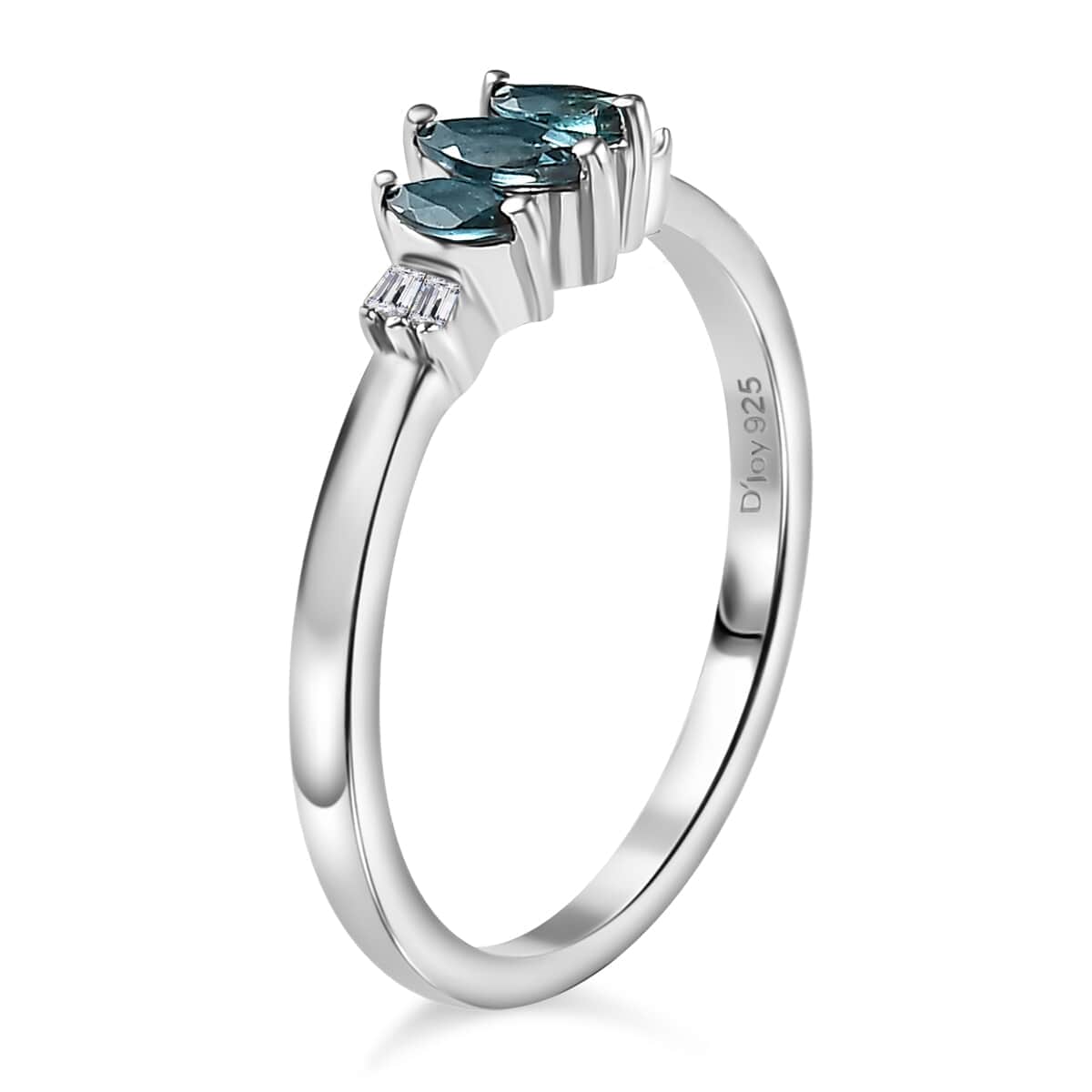 Premium Pirineu Lagoon Tourmaline, Diamond 3 Stone Ring in Rhodium Over Sterling Silver (Size 10.0) 0.30 ctw image number 3