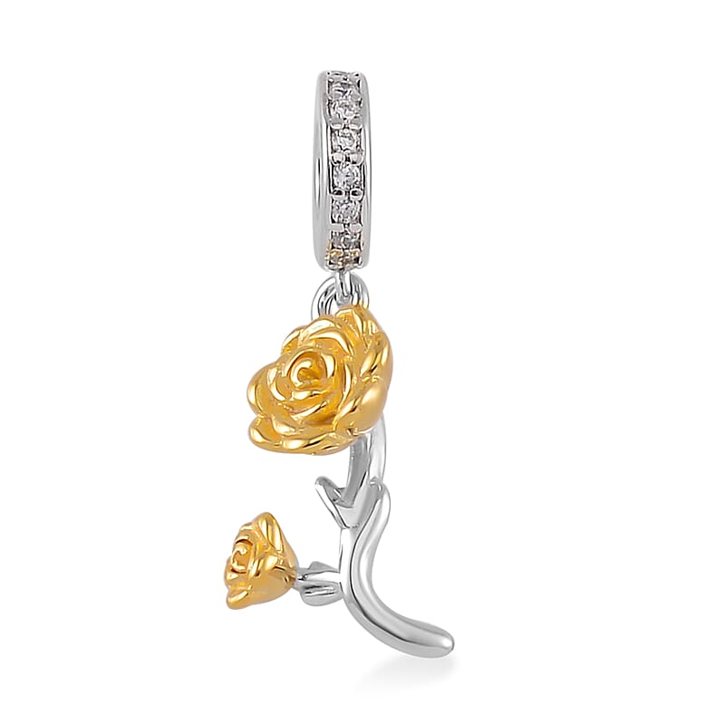 Simulated Diamond and Enameled Rose Charm in 14K Yellow Gold Over Sterling Silver