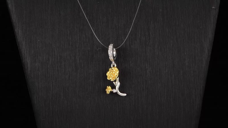 Simulated Diamond and Enameled Rose Charm in 14K Yellow Gold Over Sterling Silver