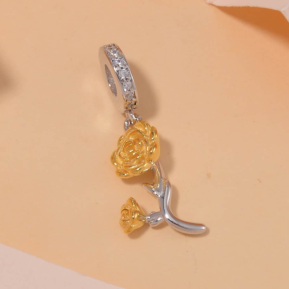 Simulated Diamond and Enameled Rose Charm in 14K Yellow Gold Over Sterling Silver image number 1