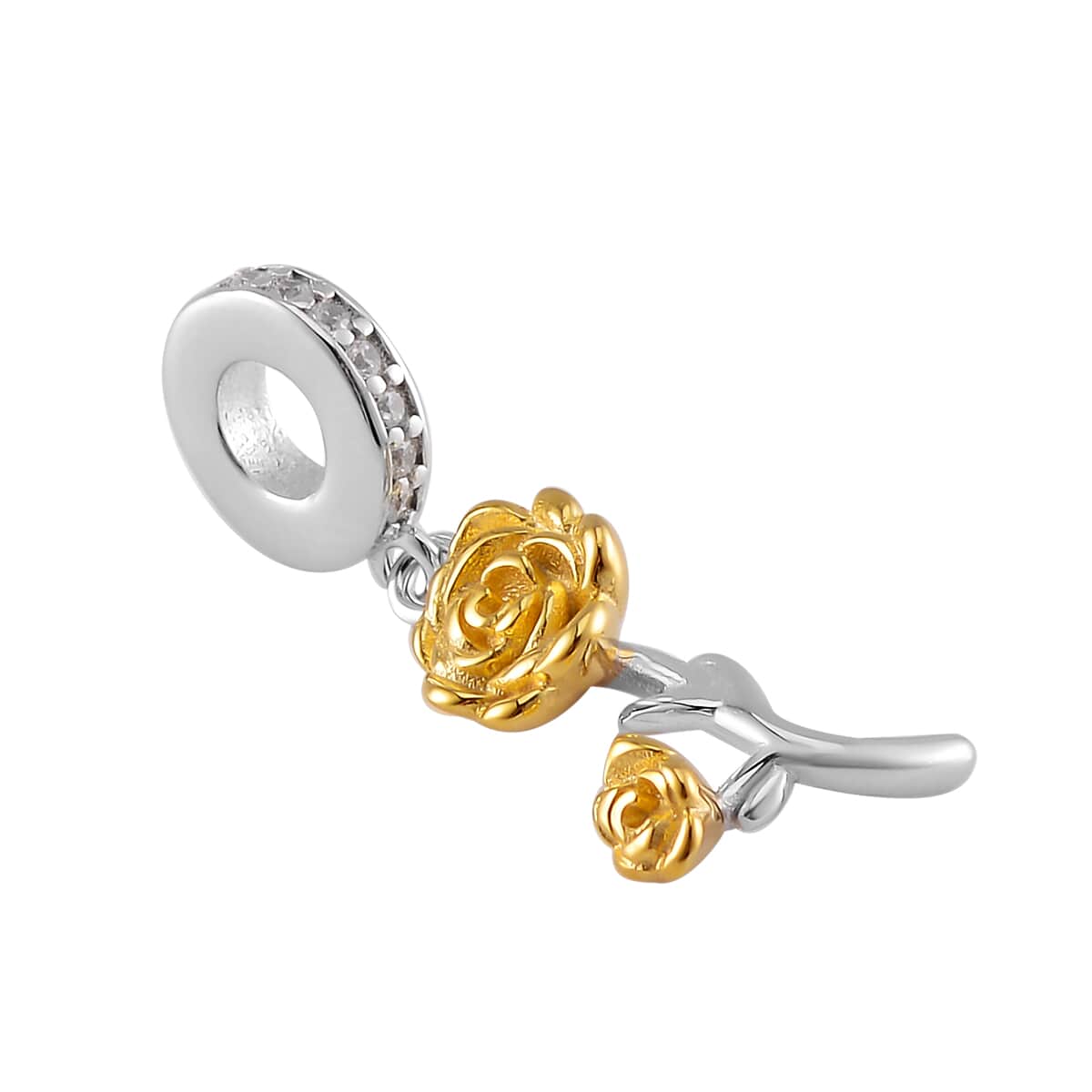 Simulated Diamond and Enameled Rose Charm in 14K Yellow Gold Over Sterling Silver image number 2