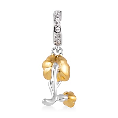 Simulated Diamond and Enameled Rose Charm in 14K Yellow Gold Over Sterling Silver