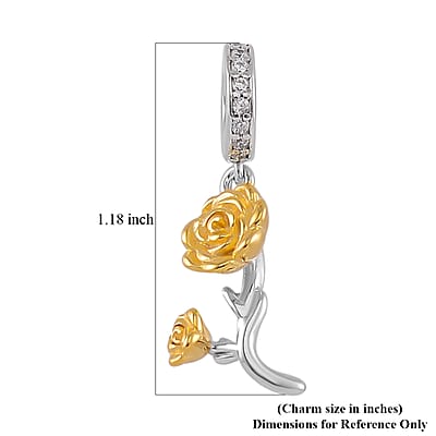 Simulated Diamond and Enameled Rose Charm in 14K Yellow Gold Over Sterling Silver