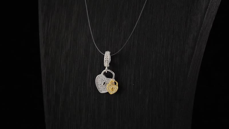 Simulated Diamond and Enameled Heart Shape Lock Charm in 14K YG and Rhodium Over Sterling Silver