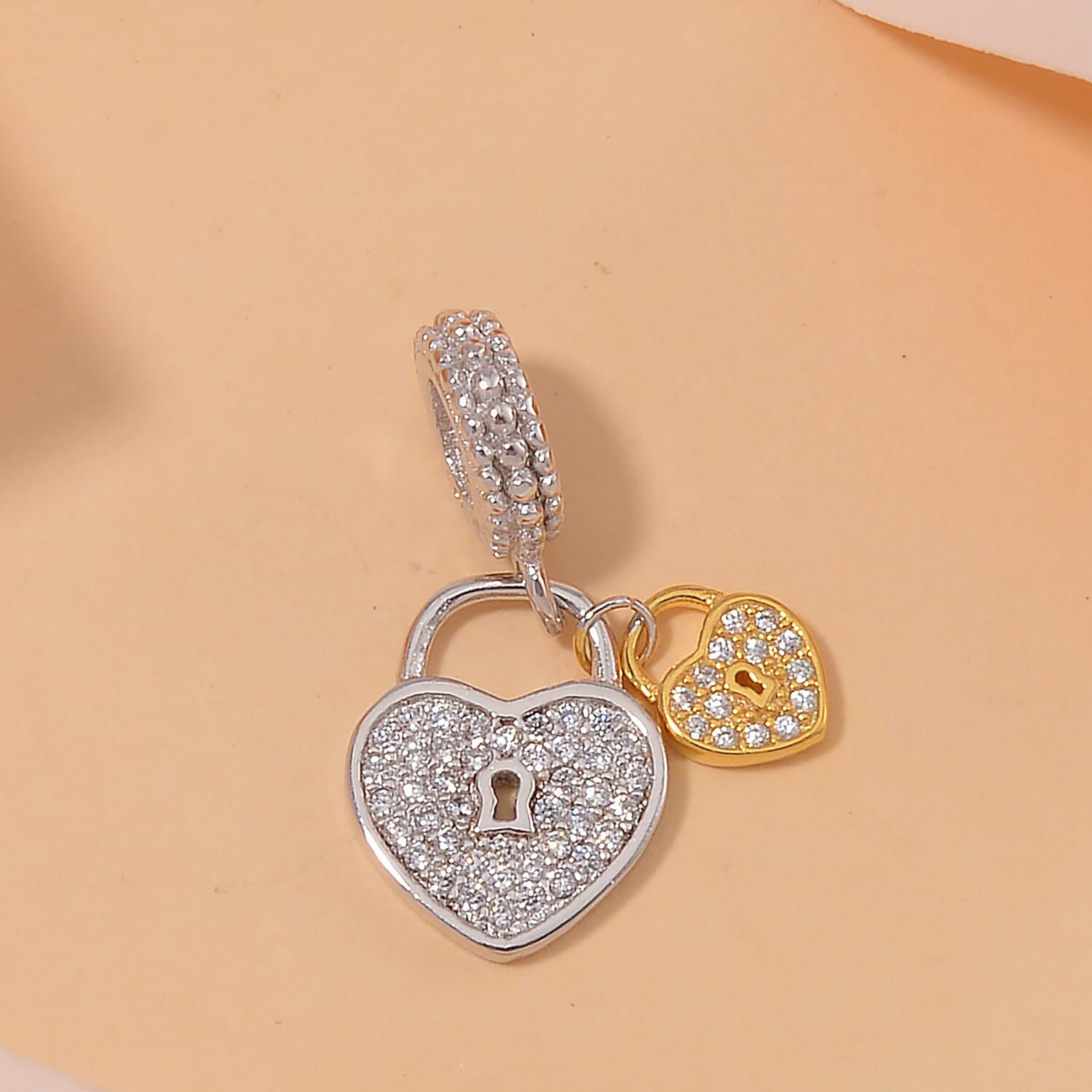 Simulated Diamond and Enameled Heart Shape Lock Charm in 14K YG and Rhodium Over Sterling Silver