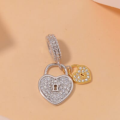 Simulated Diamond and Enameled Heart Shape Lock Charm in 14K YG and Rhodium Over Sterling Silver