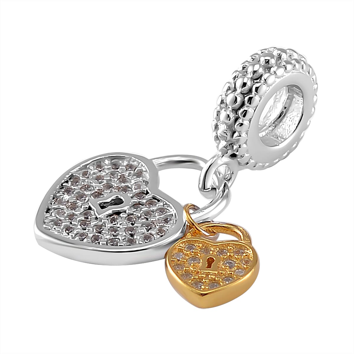 Simulated Diamond and Enameled Heart Shape Lock Charm in 14K YG and Rhodium Over Sterling Silver