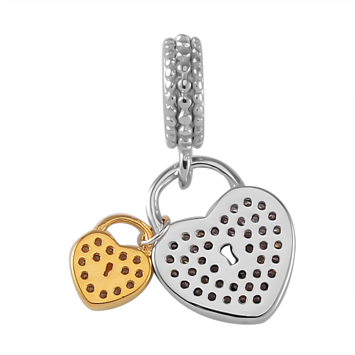 Simulated Diamond and Enameled Heart Shape Lock Charm in 14K YG and Rhodium Over Sterling Silver