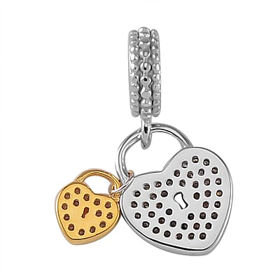 Simulated Diamond and Enameled Heart Shape Lock Charm in 14K YG and Rhodium Over Sterling Silver