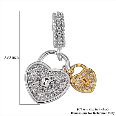 Simulated Diamond and Enameled Heart Shape Lock Charm in 14K YG and Rhodium Over Sterling Silver