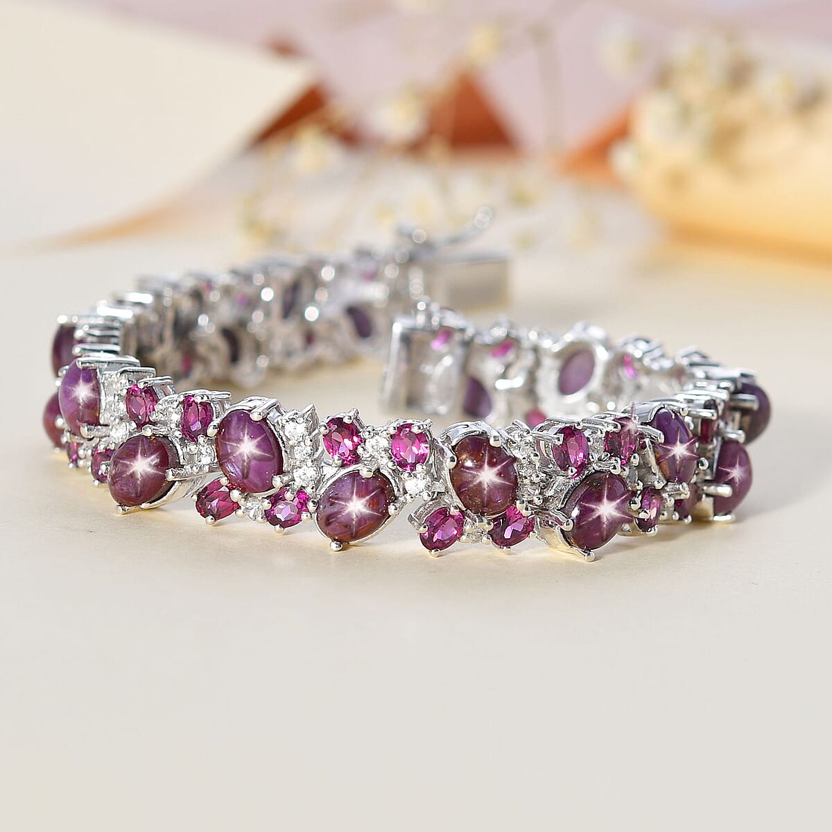 Indian Star Ruby and Multi Gemstone Bracelet in Platinum Over Sterling Silver (8.25 In) 49.90 ctw image number 2