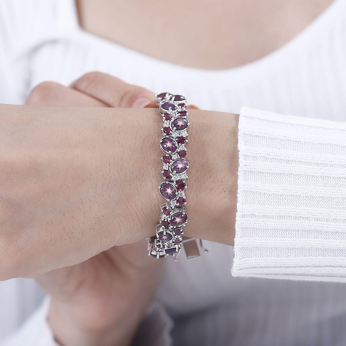 Indian Star Ruby and Multi Gemstone Bracelet in Platinum Over Sterling Silver (8.25 In) 49.90 ctw image number 3