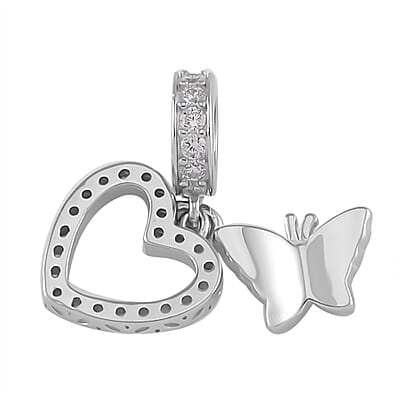 Simulated Diamond and Enameled Charm in Rhodium Over Sterling Silver