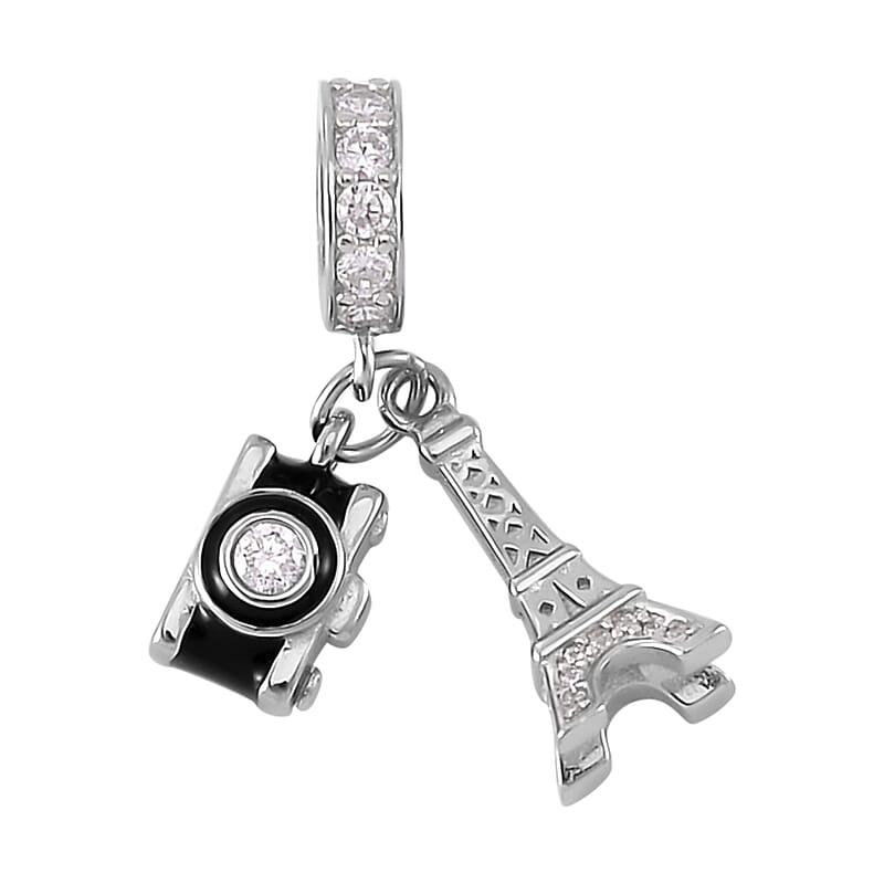 Simulated Diamond Charm in Rhodium Over Sterling Silver