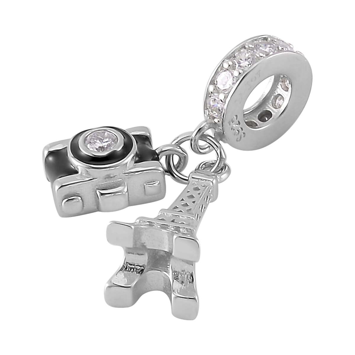 Simulated Diamond Charm in Rhodium Over Sterling Silver