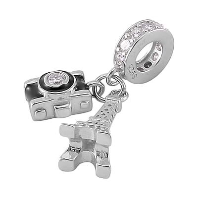 Simulated Diamond Charm in Rhodium Over Sterling Silver