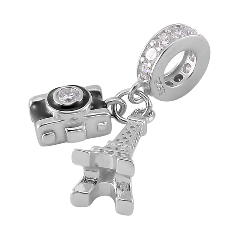 Simulated Diamond Charm in Rhodium Over Sterling Silver