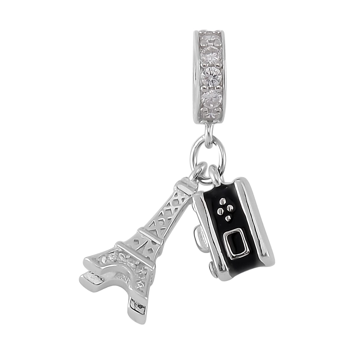 Simulated Diamond Charm in Rhodium Over Sterling Silver