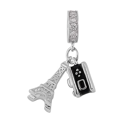 Simulated Diamond Charm in Rhodium Over Sterling Silver