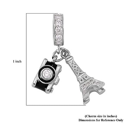 Simulated Diamond Charm in Rhodium Over Sterling Silver