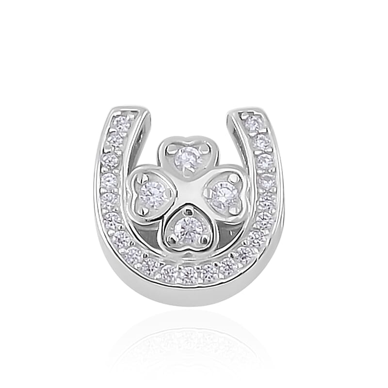 Simulated Diamond U-shaped Four Leaf Clover Charm in Rhodium Over Sterling Silver